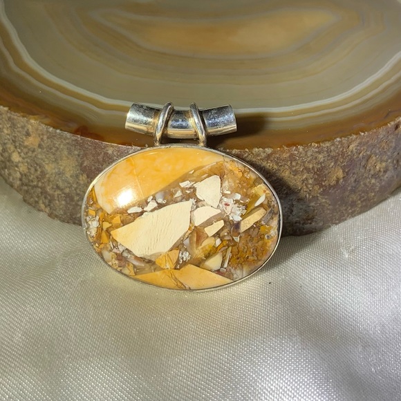 VINTAGE STERLING SILVER MOOKAITE JASPER PENDANT - Picture 2 of 4